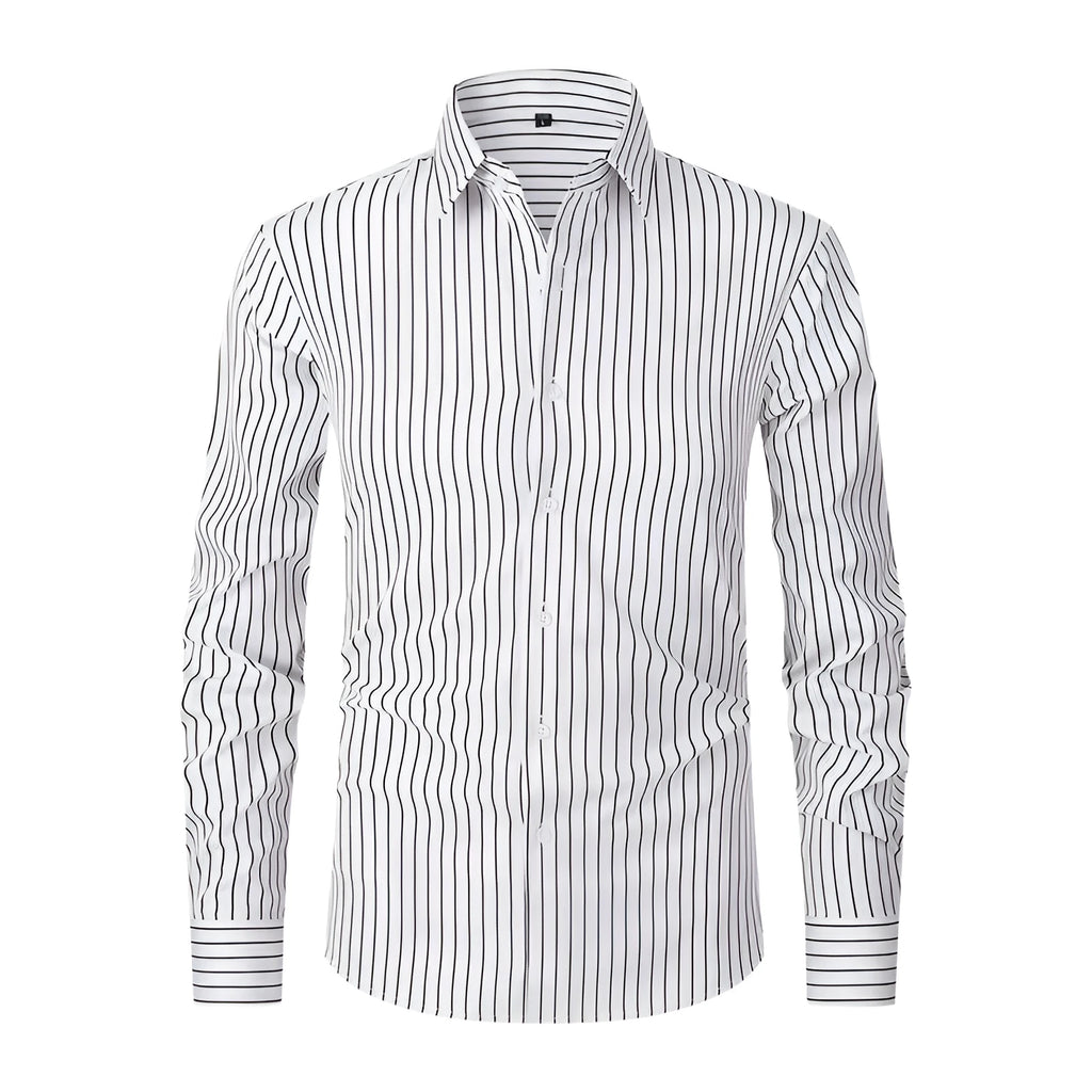 Men's striped long sleeve business shirt in ice silk polyester with cardigan style and slim fit