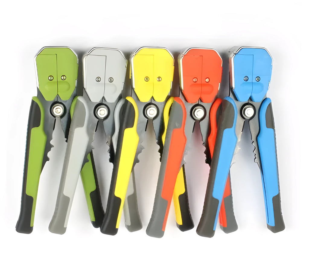 Yellow automatic 3-in-1 wire stripper crimping plier tool with adjustment screw on handle.