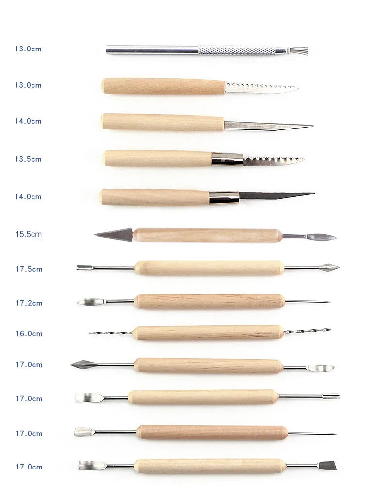 27-piece brown pottery clay tool set with wooden, stainless steel and plastic sculpting tools