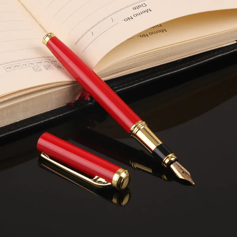 Red and black metal fountain pen with 0.5mm iridium nib for office and student writing