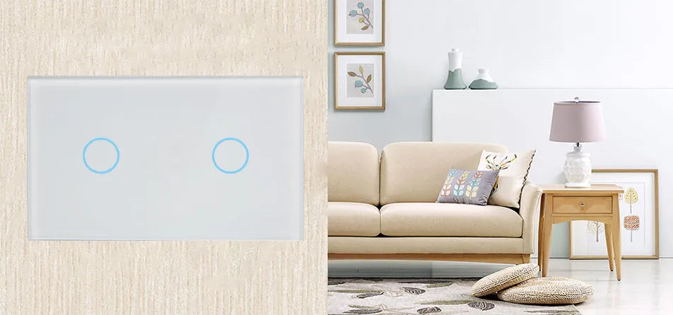 White tempered glass RF touch light switch with 2-gang controls and LED indicators