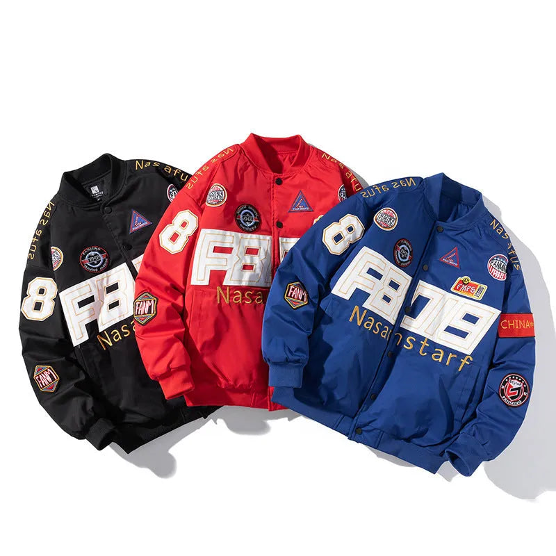 Black blue red American motorcycle baseball uniform with hooded detachable cotton padded options