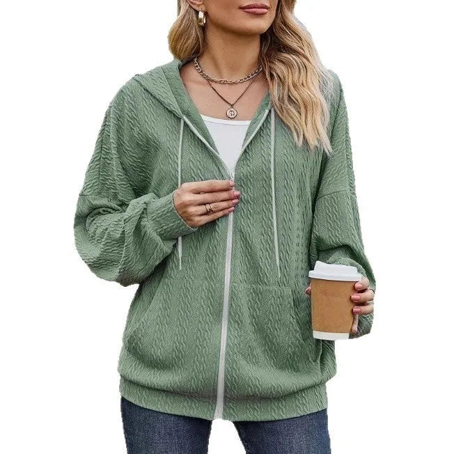 Green women's hooded zip-front sweater jacket in casual Japanese Korean style