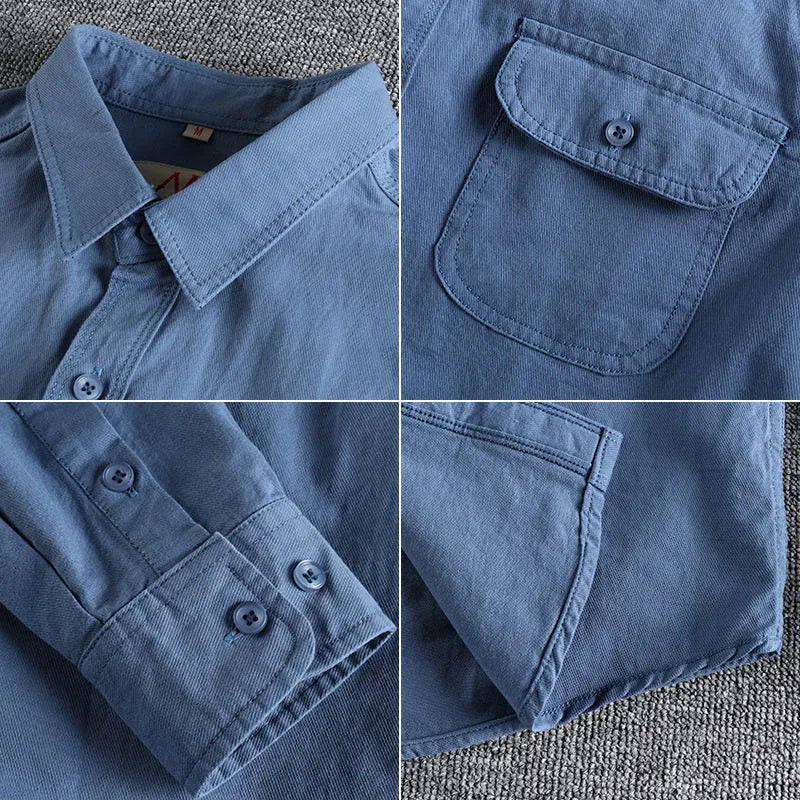 Men's retro cotton long sleeve shirt in light blue solid colour with cardigan style
