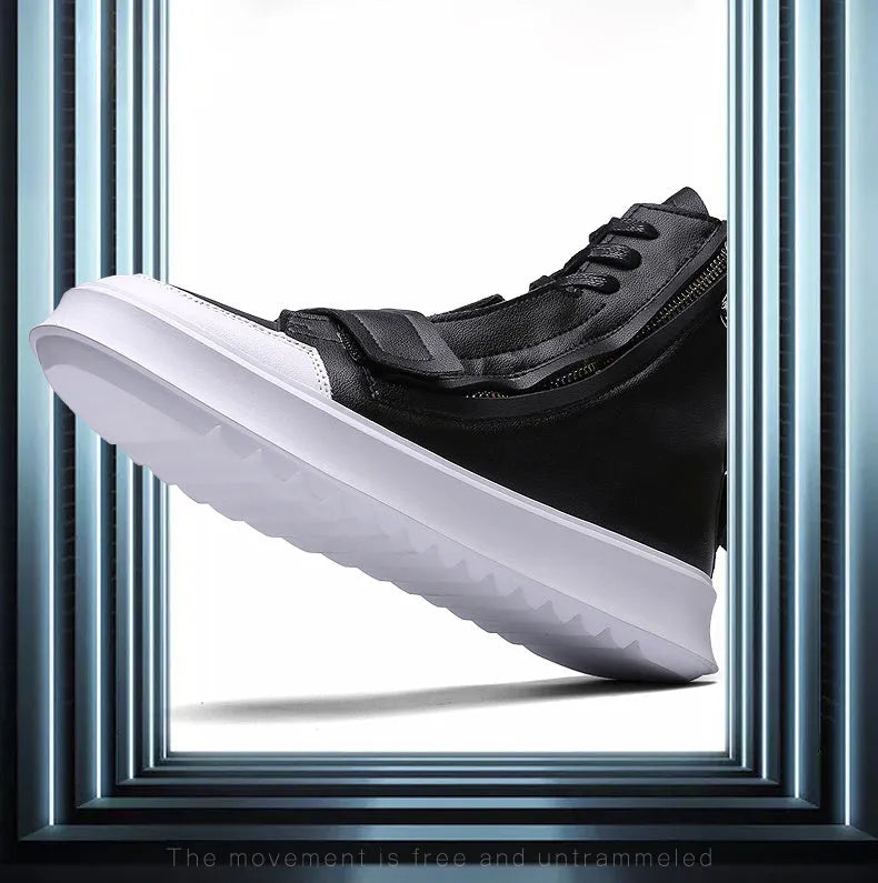 Men's black and white PU leather winter ankle boots in high-top sneaker style showing size range
