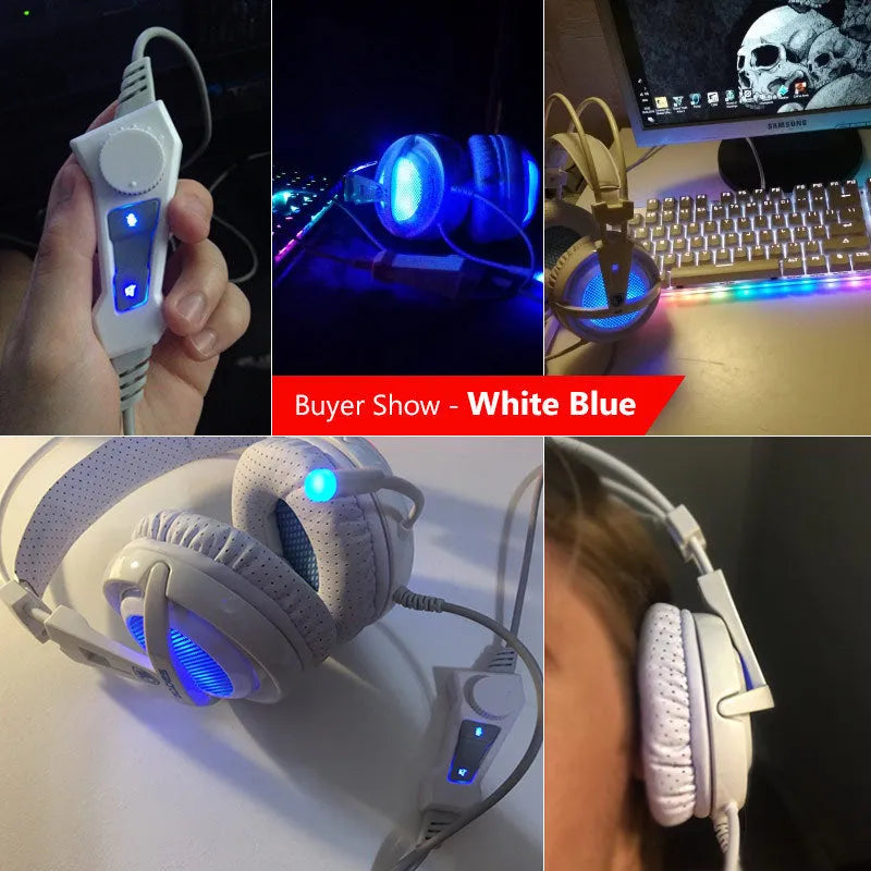 Black and white USB gaming headset with LED lights and 40mm speakers