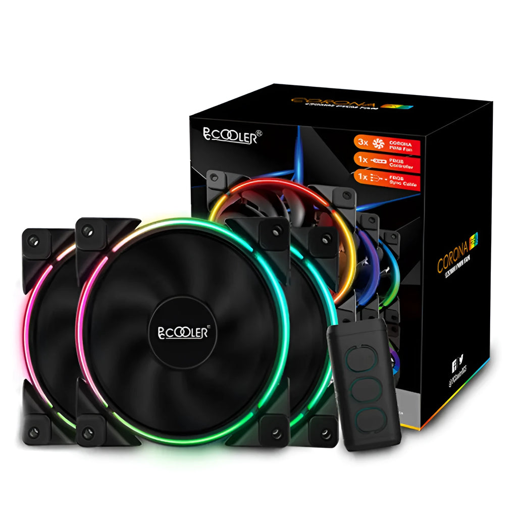 Three 120mm black PC chassis fans with RGB lighting and hydraulic bearing construction