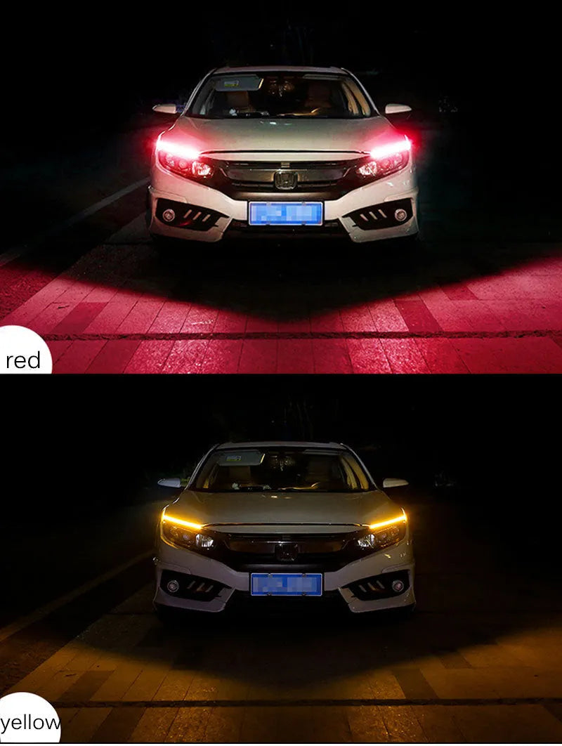 Flexible silicone car LED daytime running light strip with flowing turn signal animation mounted on headlight.