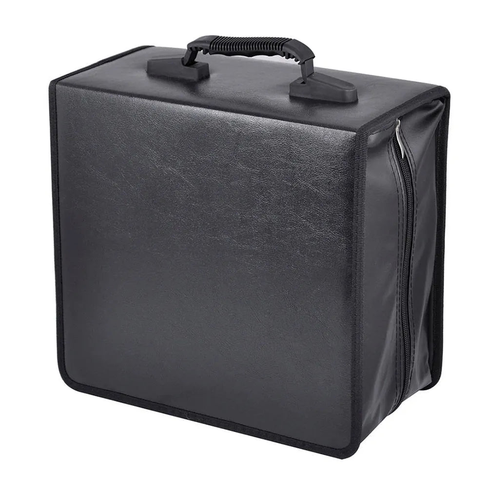 Black oxford cloth CD DVD storage organiser bag with zipper and top carry strap.