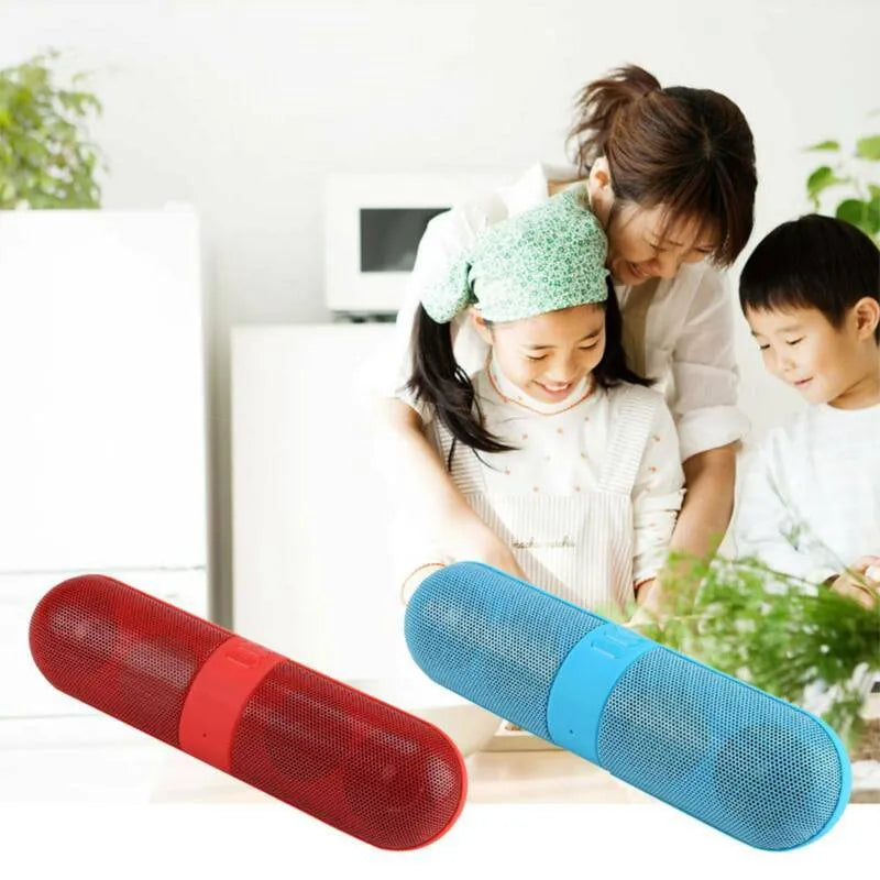 Blue plastic pill Bluetooth speaker with button controls and dustproof casing