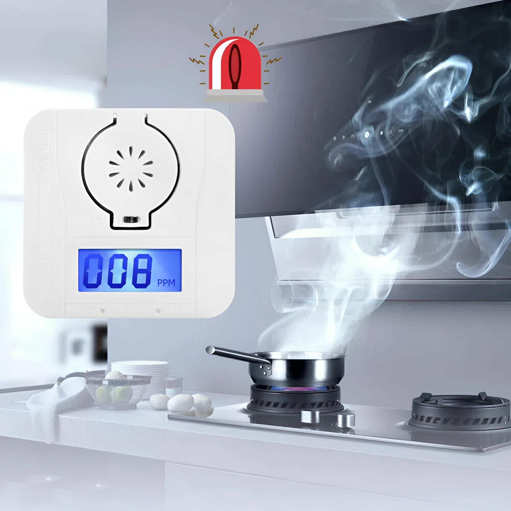 White wireless carbon monoxide alarm unit for wall mounting with 1.5 metre detection distance