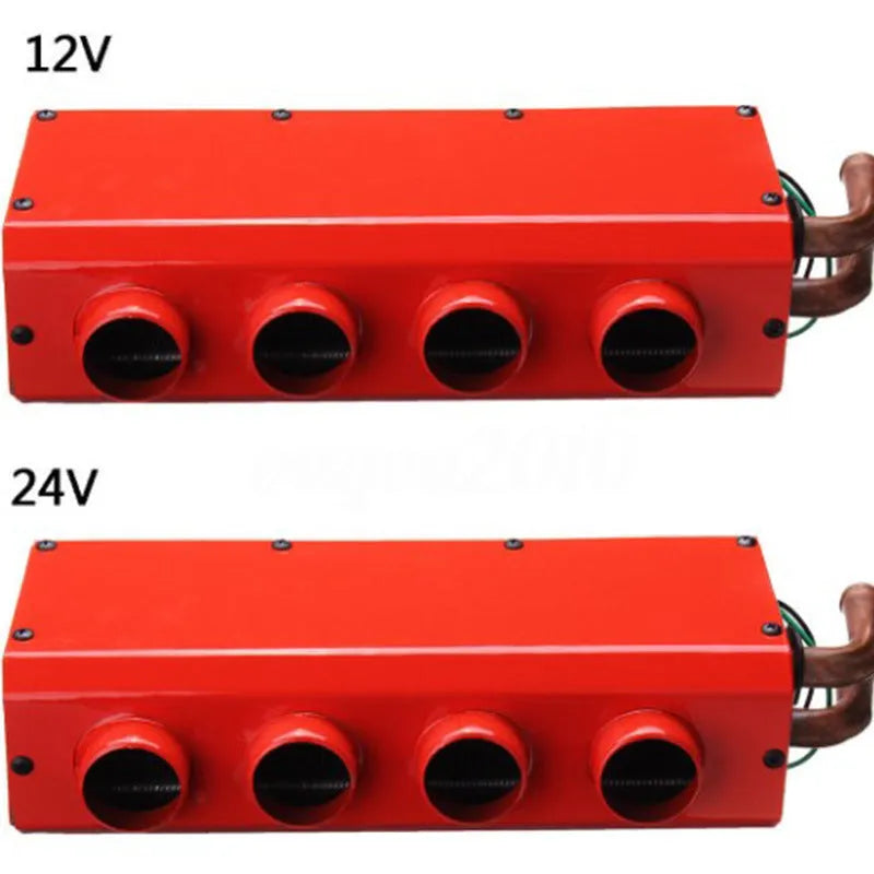 Metal car heating unit with copper piping for 12V/24V vehicle installation measuring 34x12x8cm