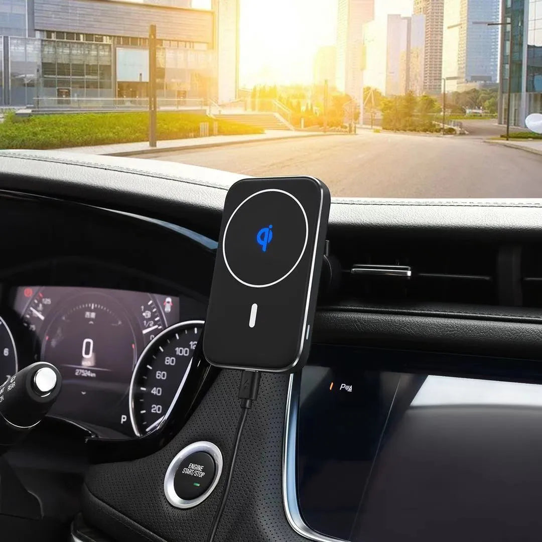 Black M6 magnetic car wireless charger bracket showing USB port and LED indicator light