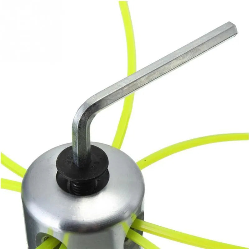 Lawn mower replacement trimmer line pack with silver aluminium head and four light yellow cutting strings