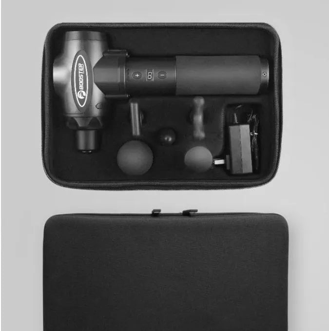 Black and white handheld percussion massage gun with 12mm stroke depth.