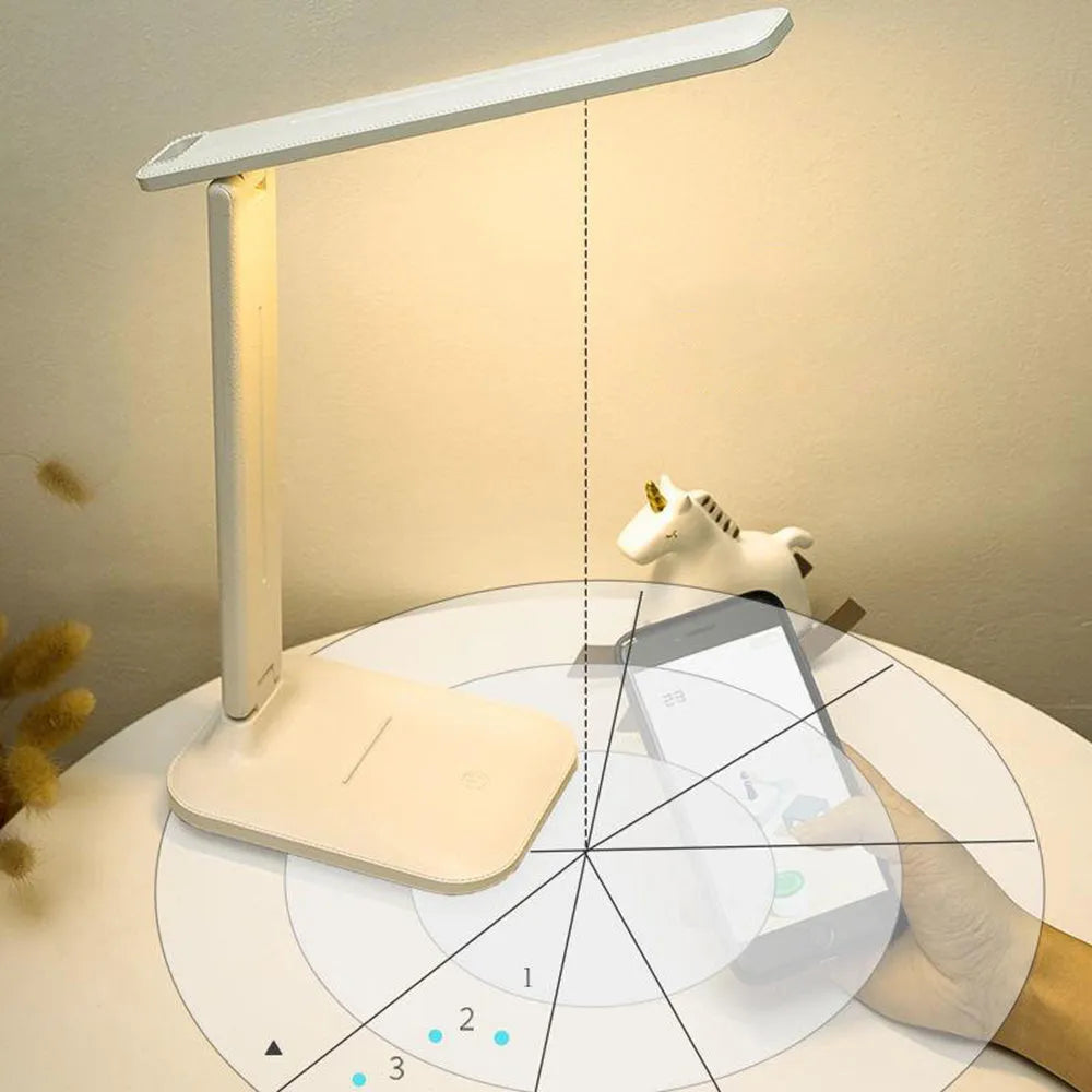 White plastic bedside lamp with touch dimming controls for children's bedroom eye protection lighting