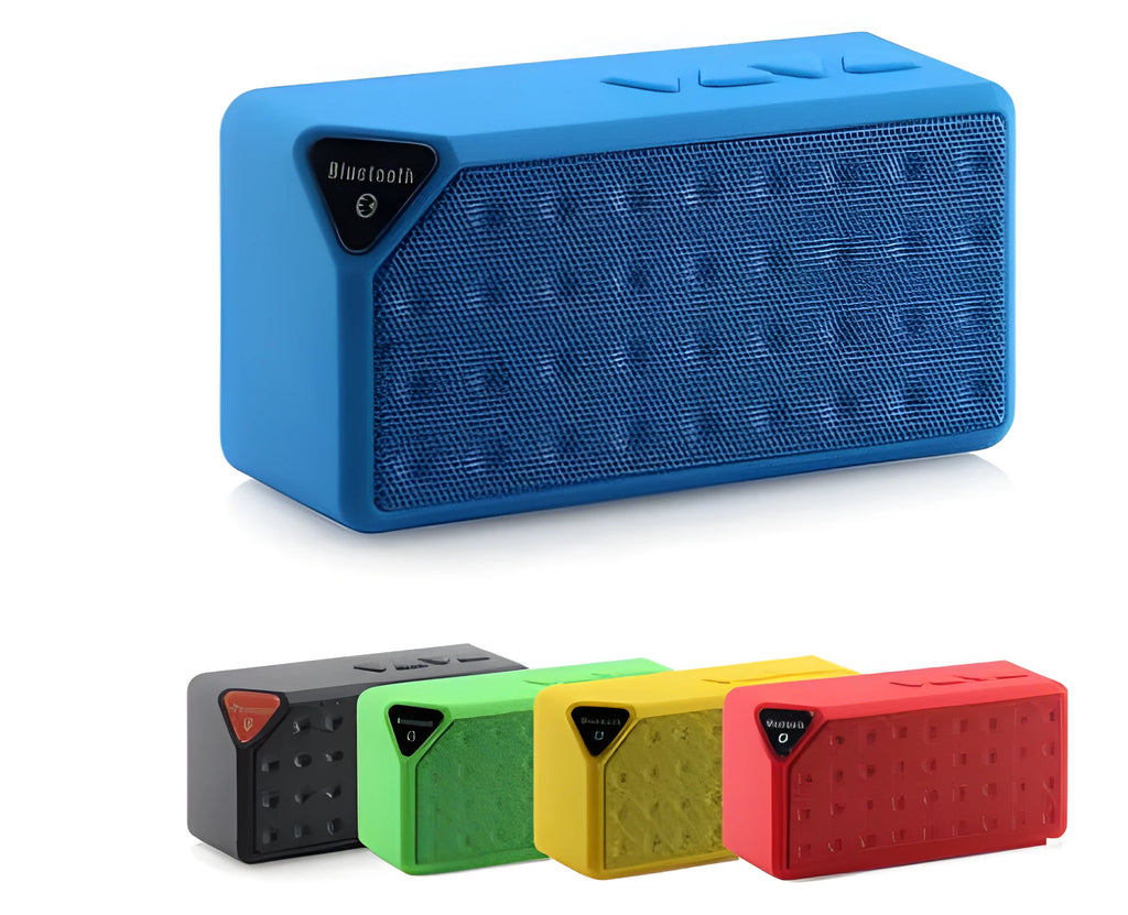 Cannon X3 portable mini cube Bluetooth speaker in five colour options: black, blue, green, red, yellow.