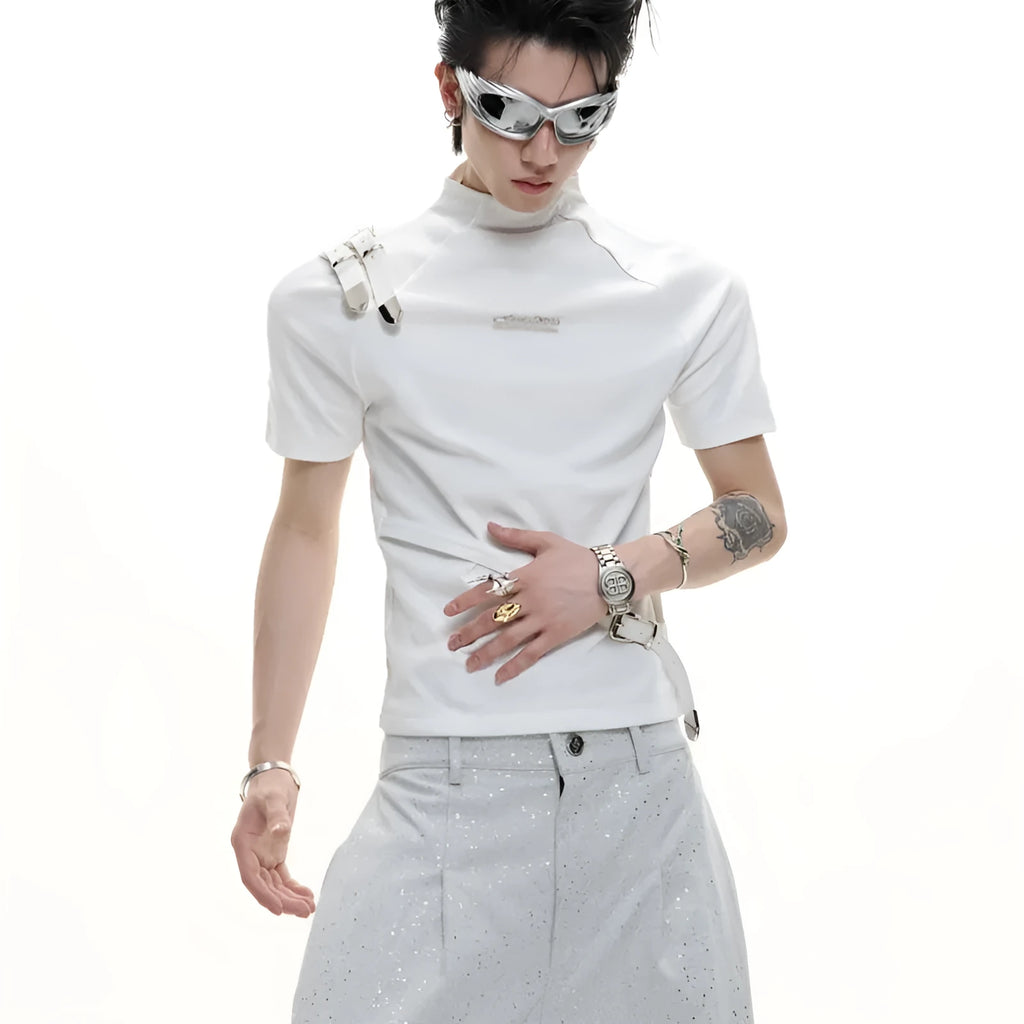 Men's black cotton short sleeve shirt with metal belt design detail and stand-up collar