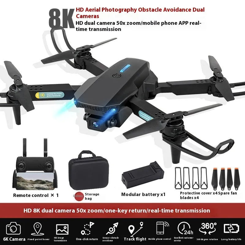 S138 black folding quadcopter drone with obstacle avoidance sensors and dual cameras, folded to under 30cm size