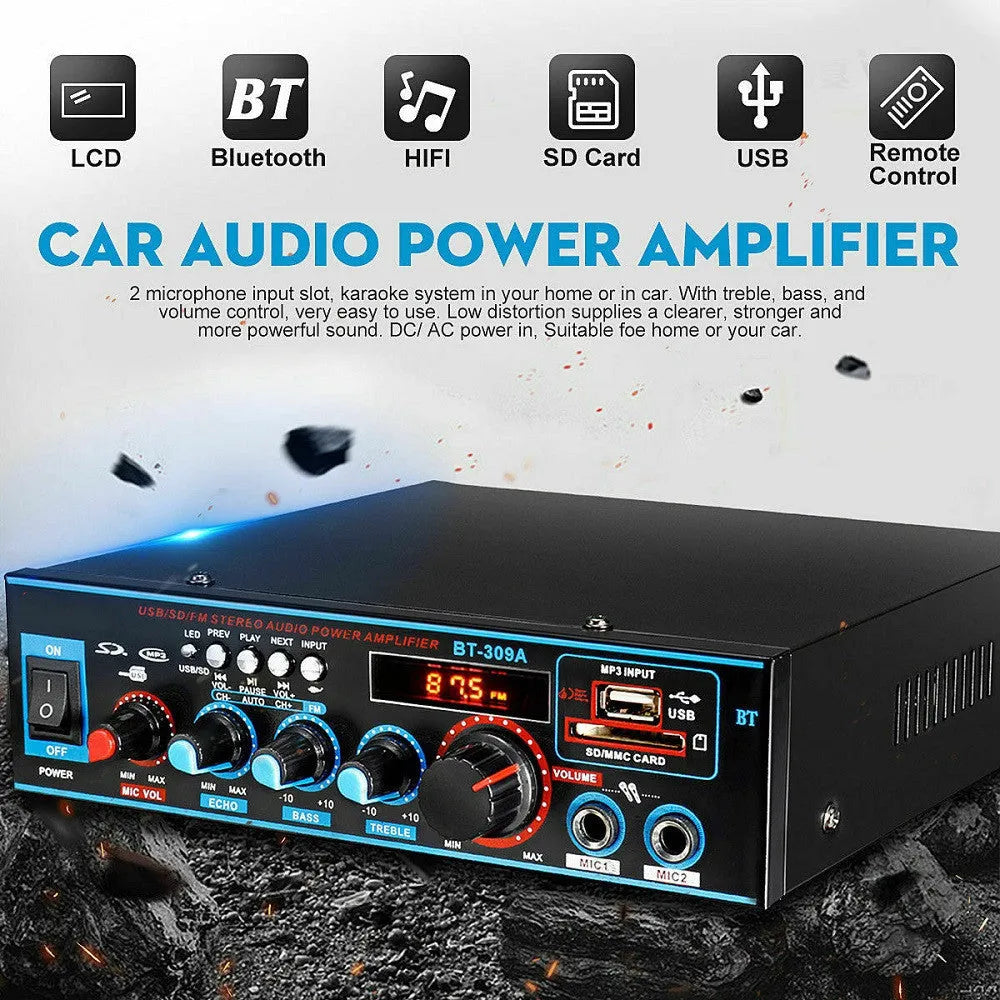 Black Bluetooth power amplifier with recording function for home and car audio systems