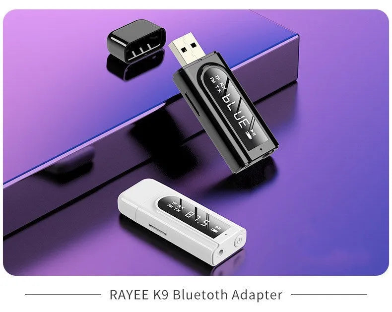Black USB car FM Bluetooth transmitter and receiver for wireless music and hands-free calls.