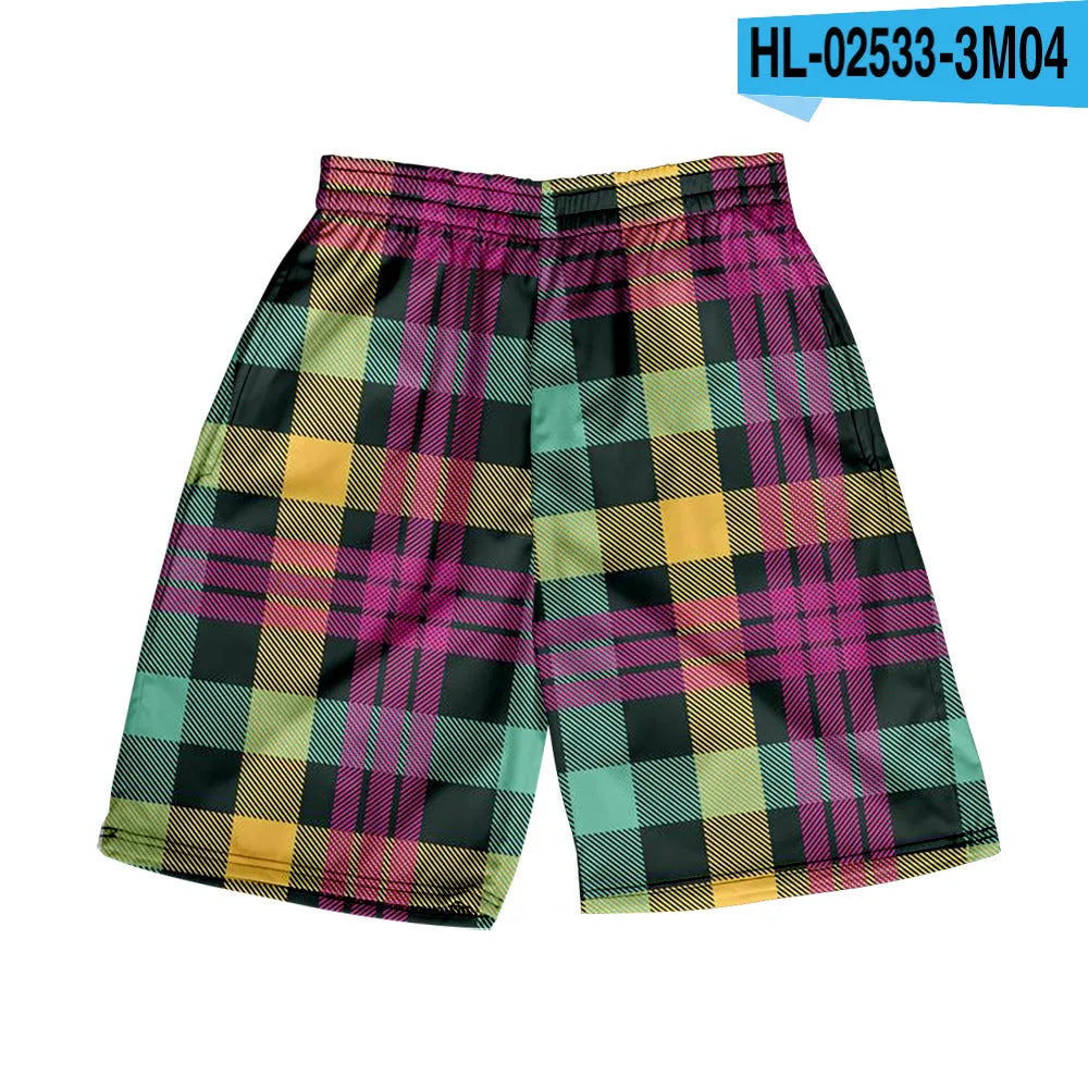 Men's straight cut plaid shorts in polyester fabric with elastic waistband
