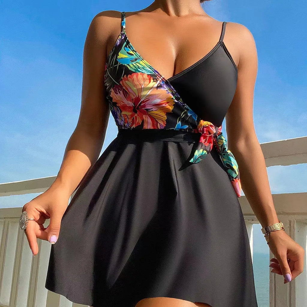 Black women's high waist briefs with printed split bikini design for sports and swimming activities