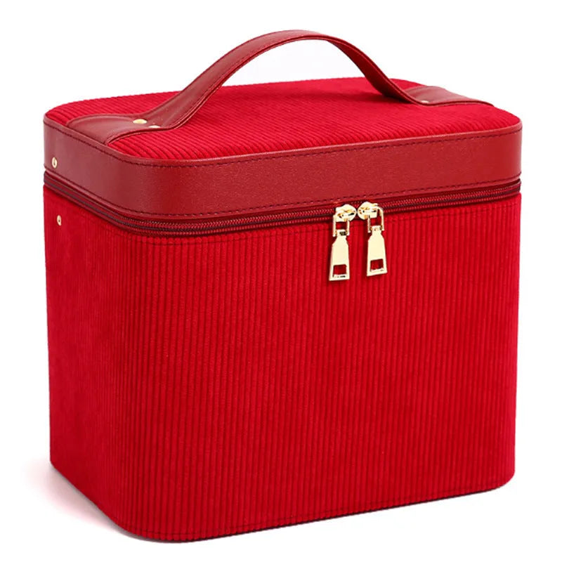 Large corduroy cosmetic storage box with polyester cotton lining in a solid colour.