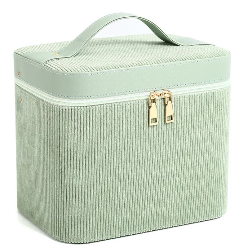 Large corduroy cosmetic storage box with polyester cotton lining in a solid colour.