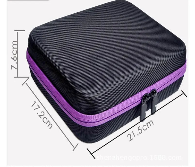 Red EVA essential oil storage bag with 30 compartments for 15ml bottles, shown wall-mounted.