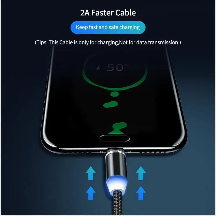 1 metre cotton braided magnetic charging cable with LED light and aluminium connectors