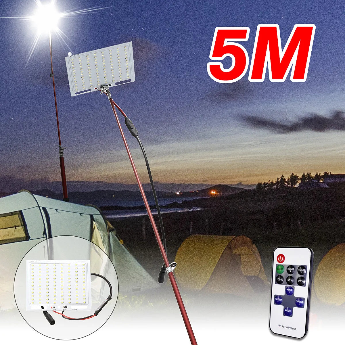 White LED fishing rod light with telescopic pole and remote control on a 12V battery for outdoor use