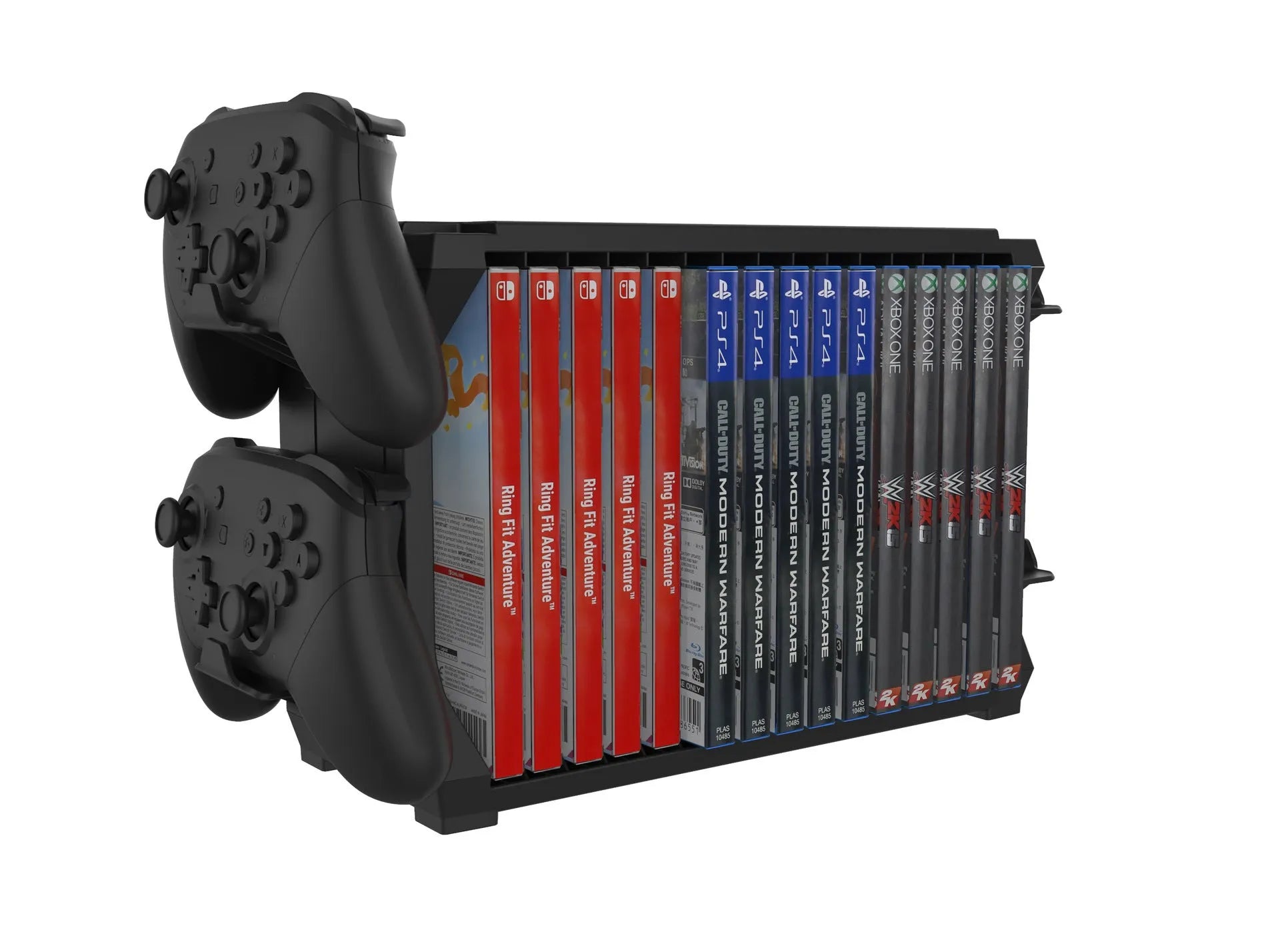 Black PS5 disc holder and controller stand for Xbox Series X, PS4 and Nintendo Switch game storage