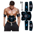 Smart abdominal muscle stimulator with USB charging cable, abdominal belt, and two arm pads on a white background