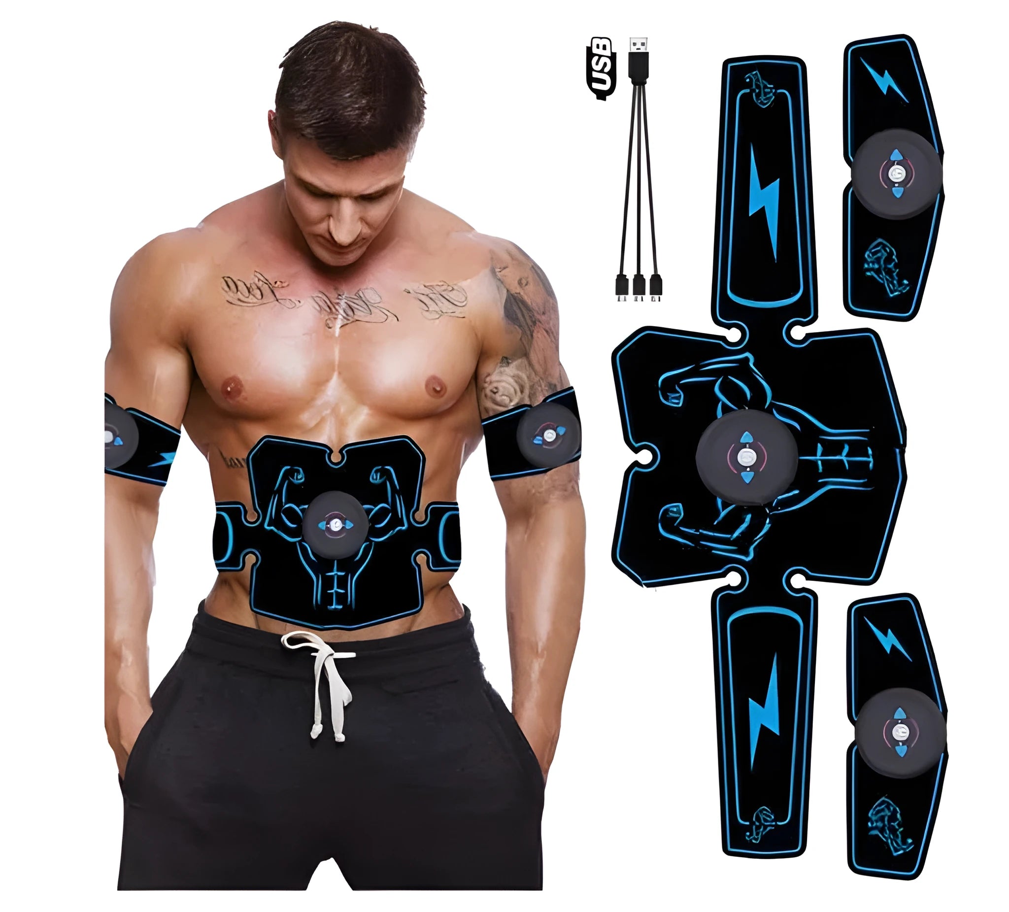 Smart abdominal muscle stimulator with USB charging cable, abdominal belt, and two arm pads on a white background