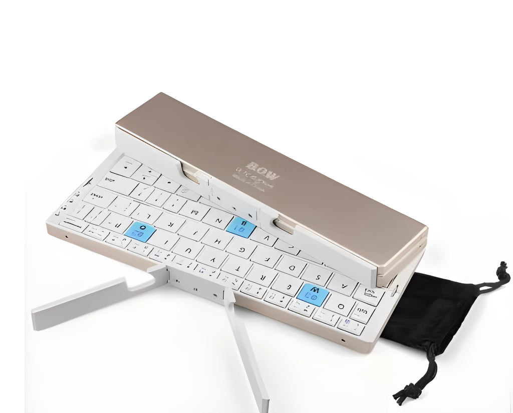 Mini foldable Bluetooth keyboard with aluminium alloy backboard and hidden stands in black