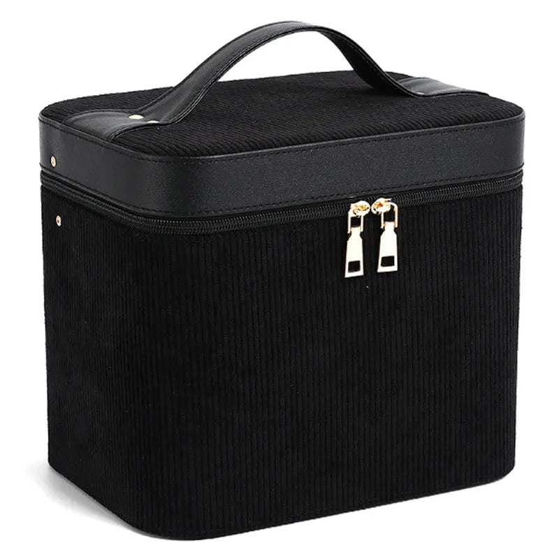 Large corduroy cosmetic storage box with polyester cotton lining in a solid colour.