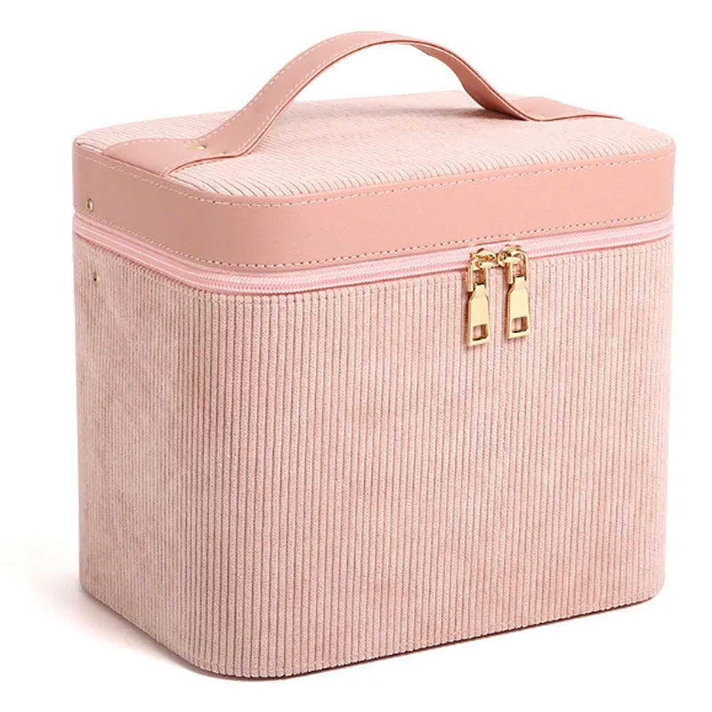 Large corduroy cosmetic storage box with polyester cotton lining in a solid colour.
