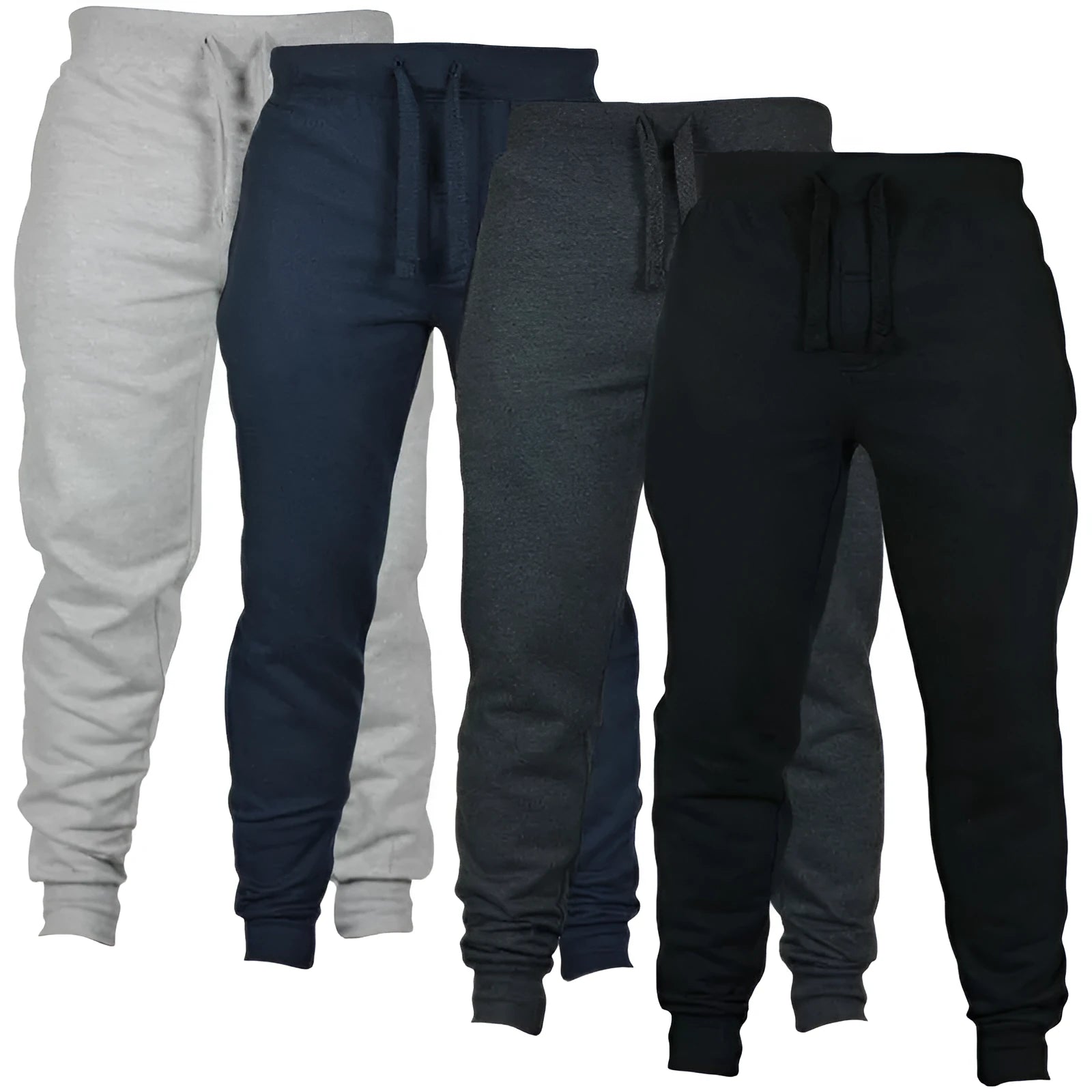 Man wearing solid black loose-fit cotton fleece pants with a drawstring waistband.