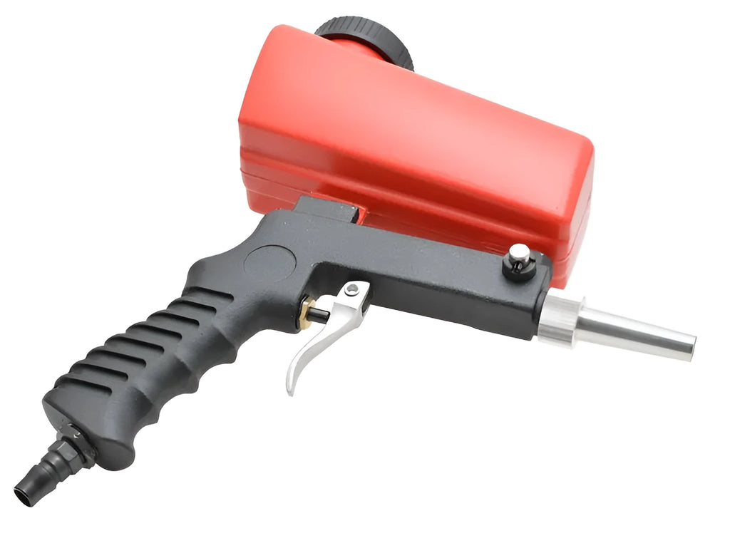 Portable blue pneumatic sandblasting gun with top-mounted tank for rust removal and surface preparation.