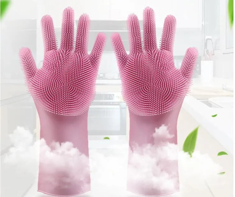 Silicone cleaning gloves with textured scrubbing surface in assorted colours