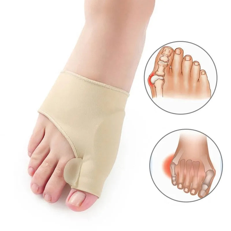 Corrective toe socks with silicone gel toe separator and bunion pad on a stretch fabric base.
