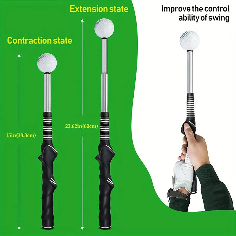 Telescopic golf swing simulator trainer in stainless steel, shown extended for use.