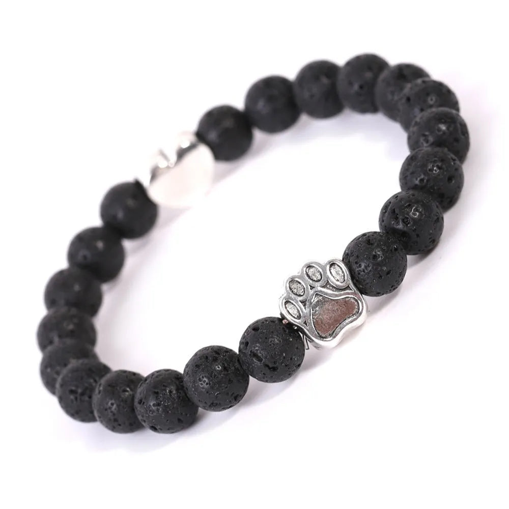 Indian agate stone bracelet with geometric dog's paw charm and heart detail on round beads