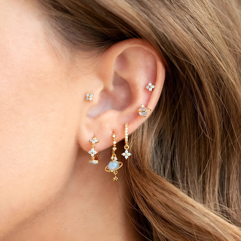 Gold and silver flower stud earrings with blue zircon mosaic accents in Japanese Korean style