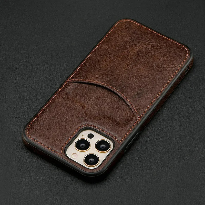 Dark blue PU leather protective case for iPhone, showing business-style design and fall protection.