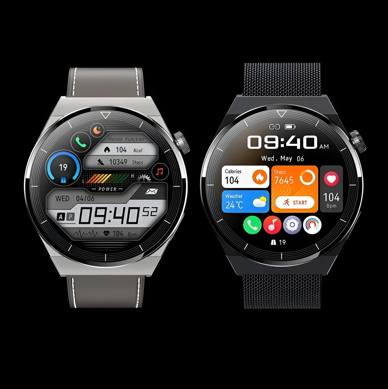 Black or silver Android smart watch with round display showing Bluetooth calling and NFC access control interface