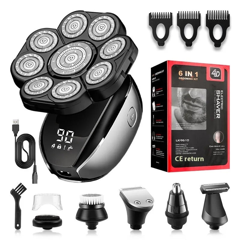 Black rechargeable 6-in-1 hair clipper and shaver kit with attachments displayed.