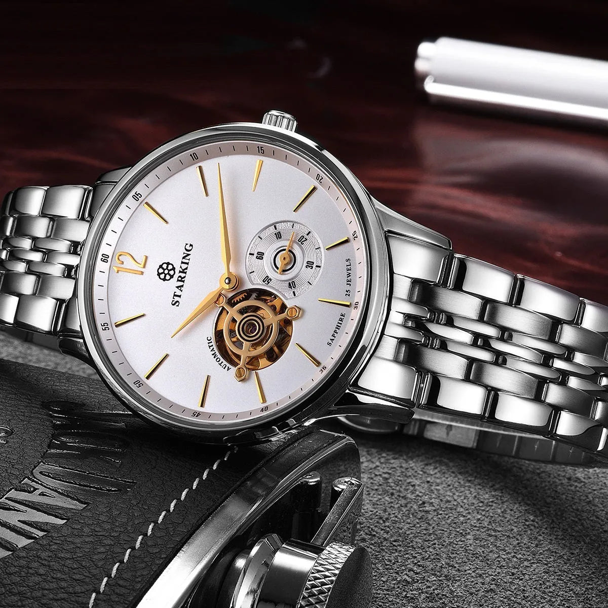 Men's automatic mechanical business watch with sapphire crystal glass and stainless steel case