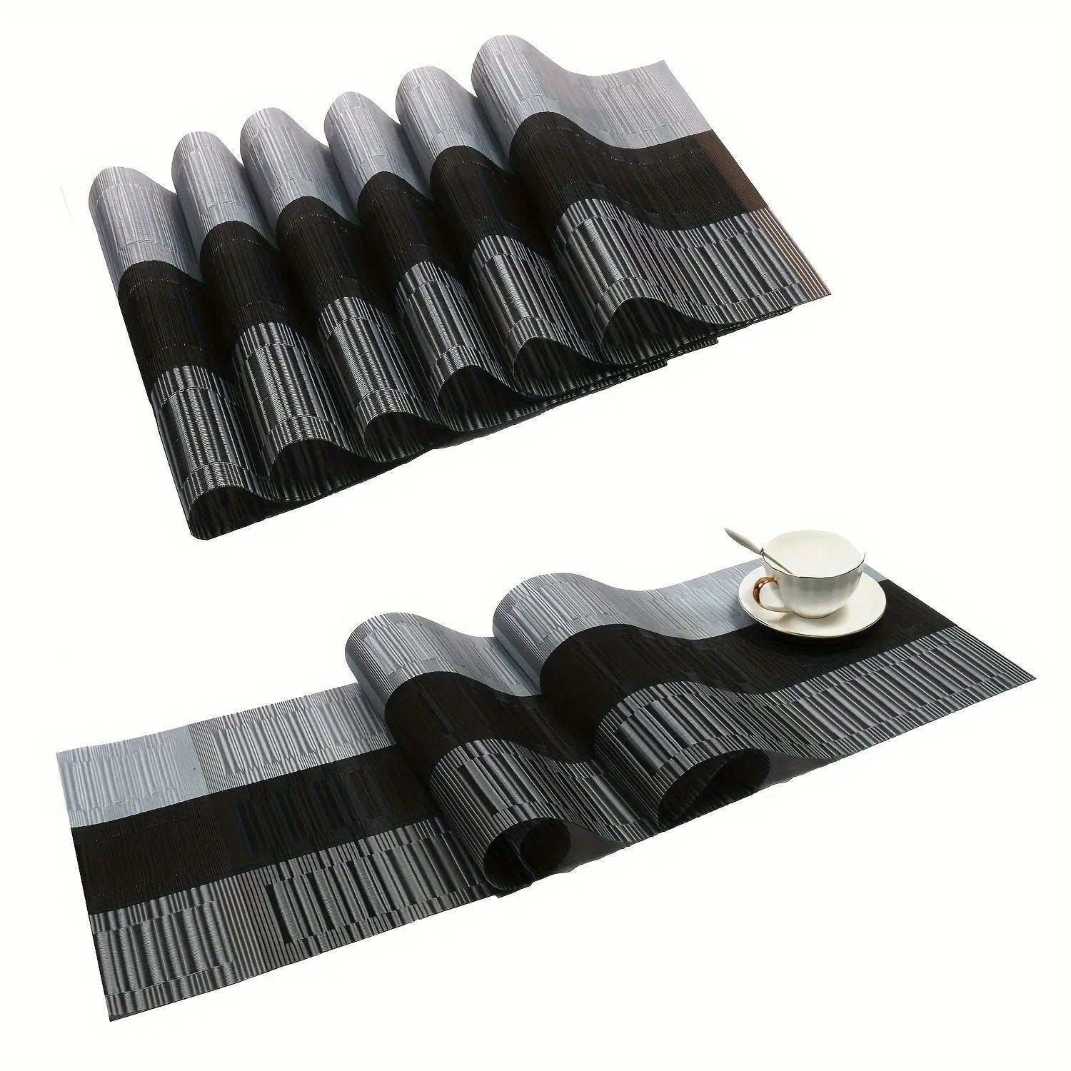 Non-slip PVC place mat in modern simple style, showing gradient bamboo black colour option on a kitchen counter.